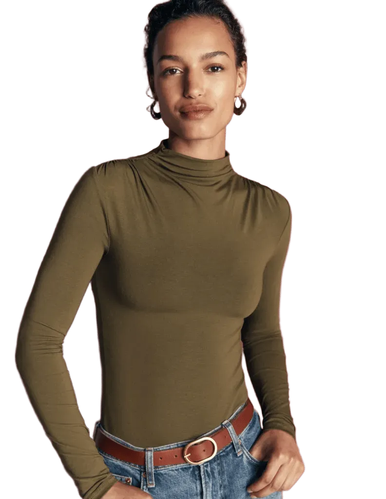 Tia Ruched High Neck Top-Dark Olive