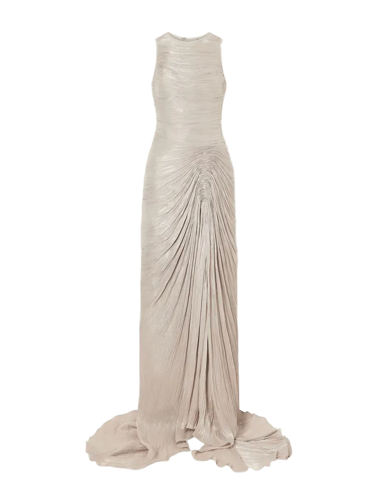 Sleeveless gathered pleated chiffon gown