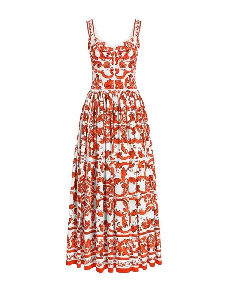 Majolica-print long poplin dress