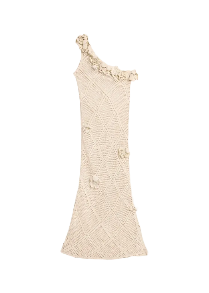 Floral Crochet One-Shoulder Net Knit Ankle Dress