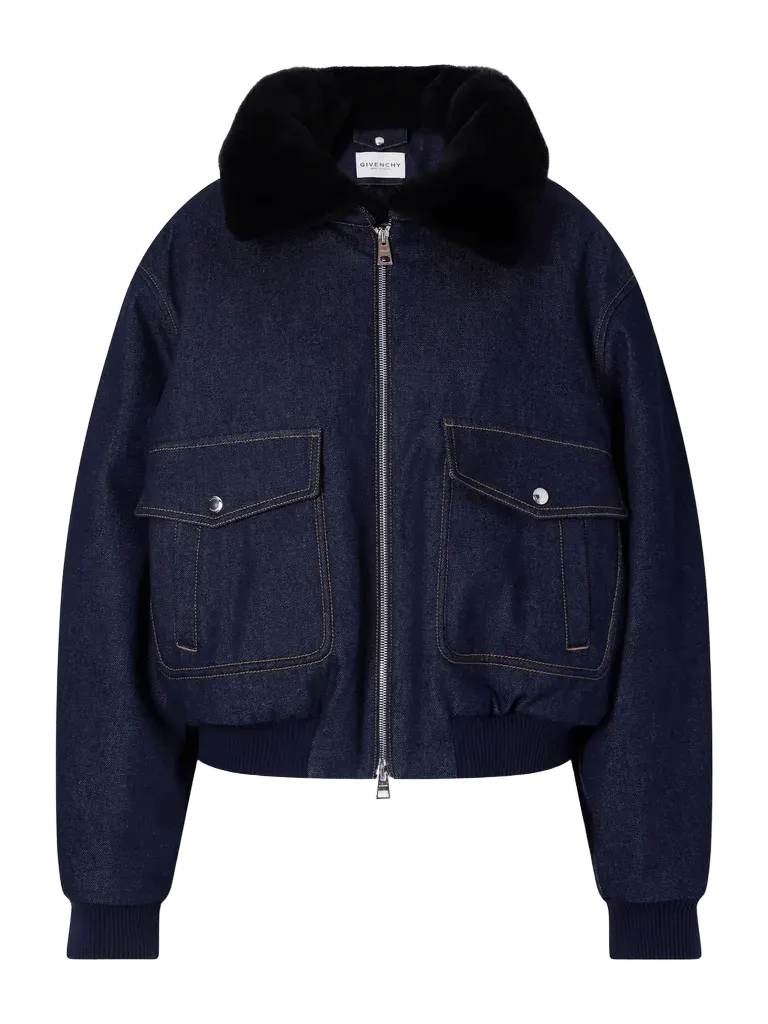 Denim shearling-trimmed blouson jacket