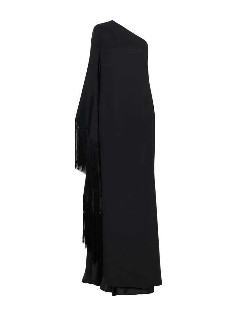 Viper one-shoulder fringed crepe gown