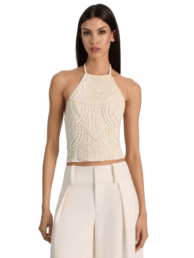 GATZ EMBELLISHED HALTER CROPPED TOP - VANILLA