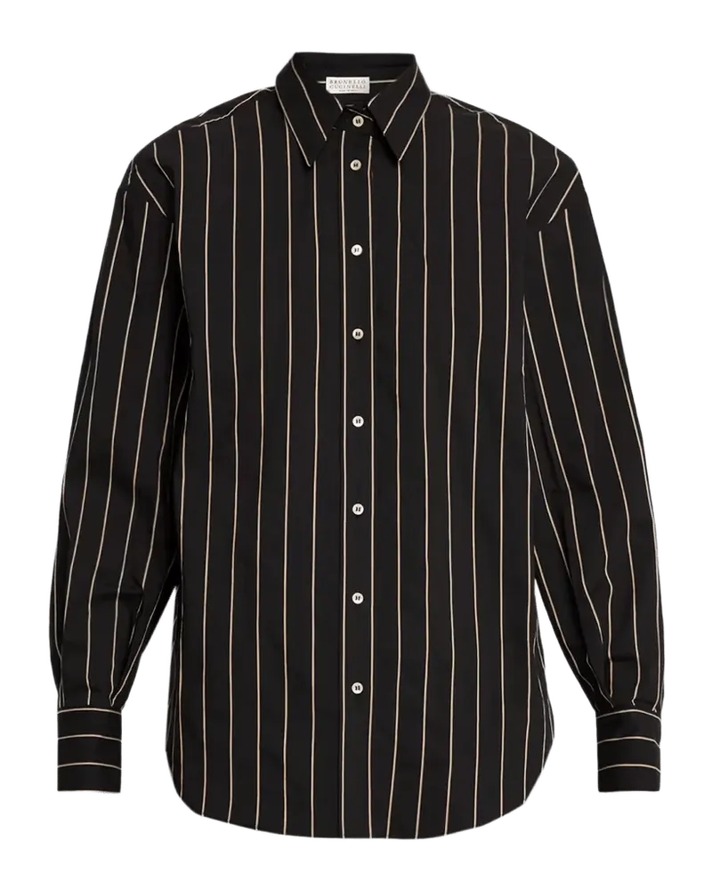 Triple Stripe Techno Cotton Long-Sleeve Button-Up Blouse