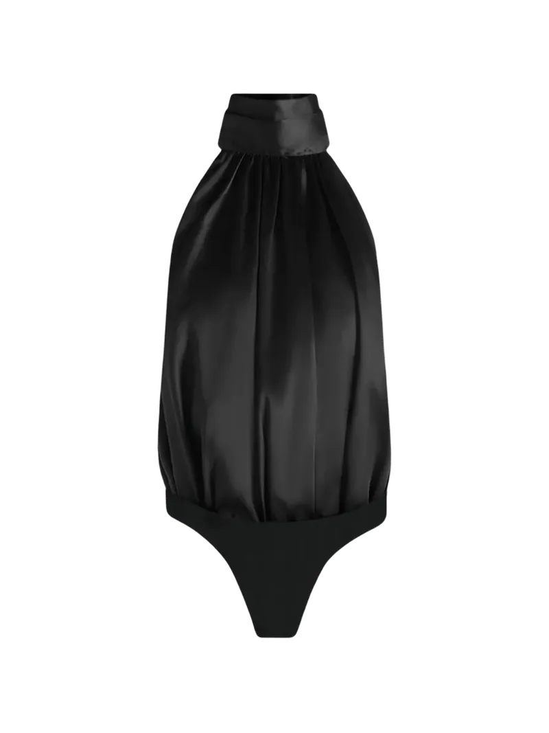 Phoebe in black satin tie-neck blouson open back bodysuit