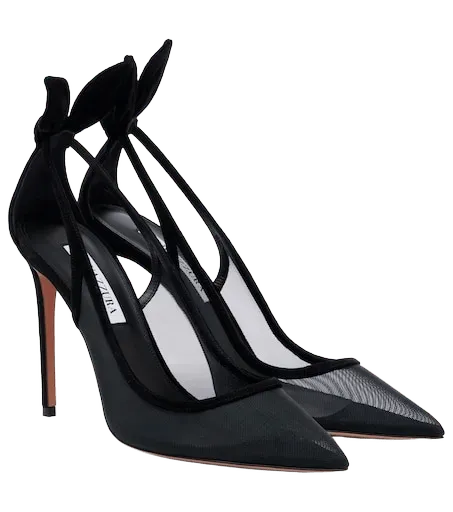 Bow Tie suede-trimmed mesh pumps