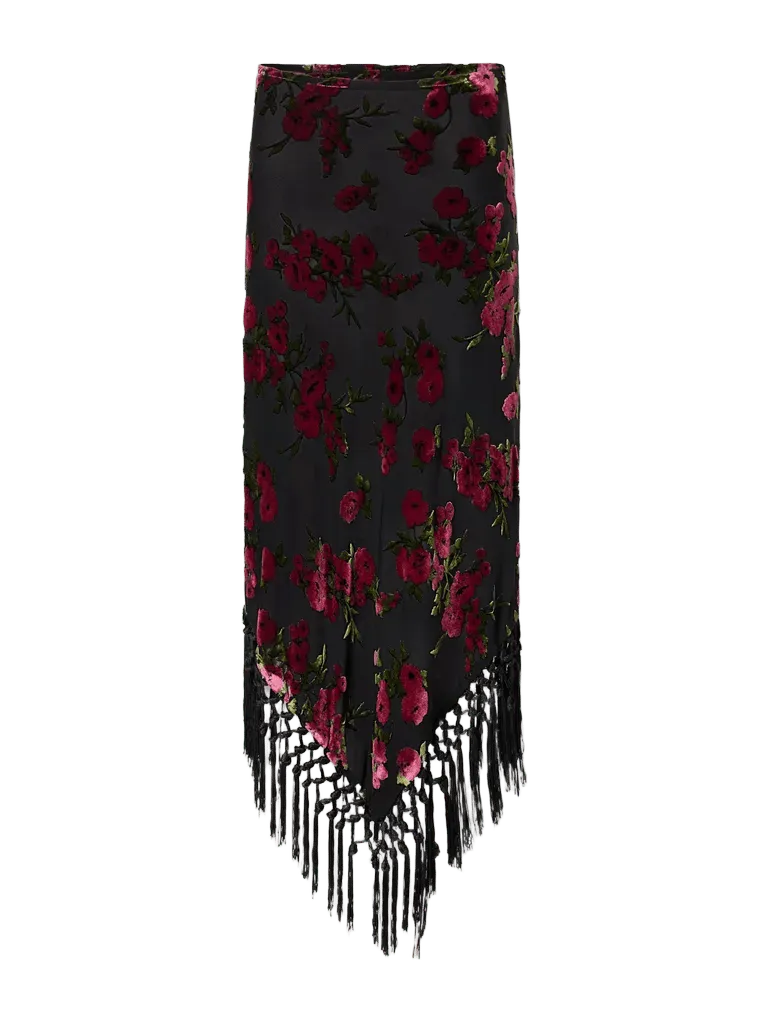 Asymmetric floral-flock fringe-trimmed crepe midi skirt