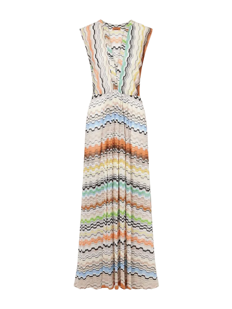 Pleated striped crochet-knit maxi dress