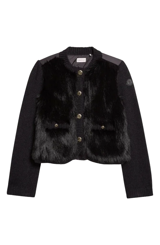 Mixed Media Alpaca & Wool Blend & Faux Fur Puffer Cardigan