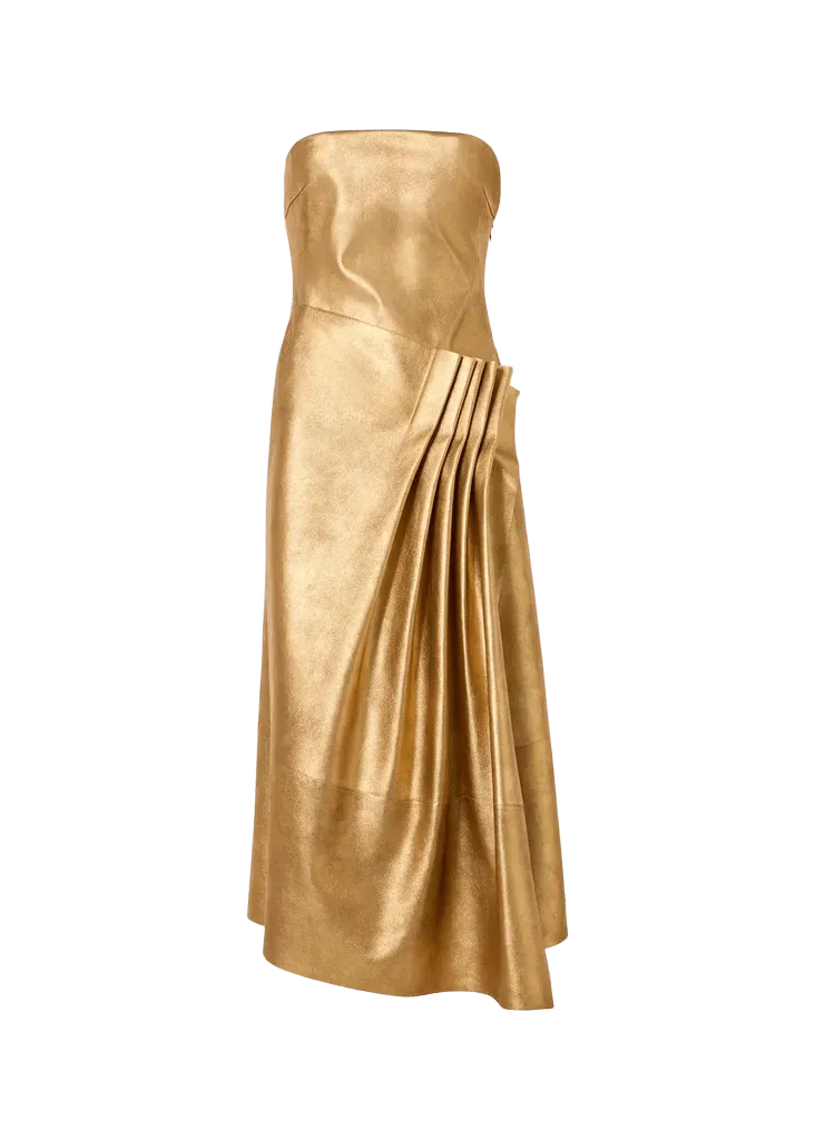 Strapless Asymmetric Gathered Lamé Nappa Leather Midi Bustier Gown