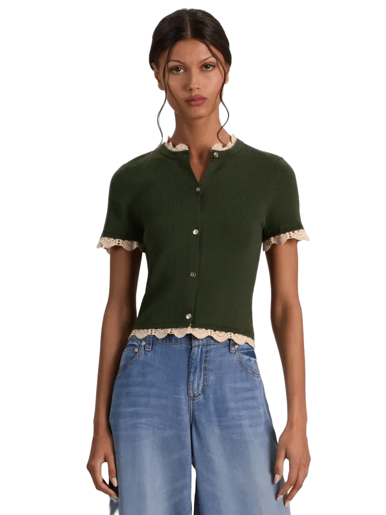 CIARA LACE TRIM CARDIGAN - DARK FERN/NATURAL