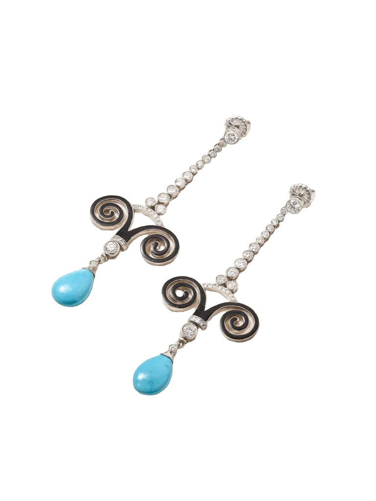 Vintage 1920s 18-karat white gold, diamond, turquoise and enamel earrings - turquoise - One Size