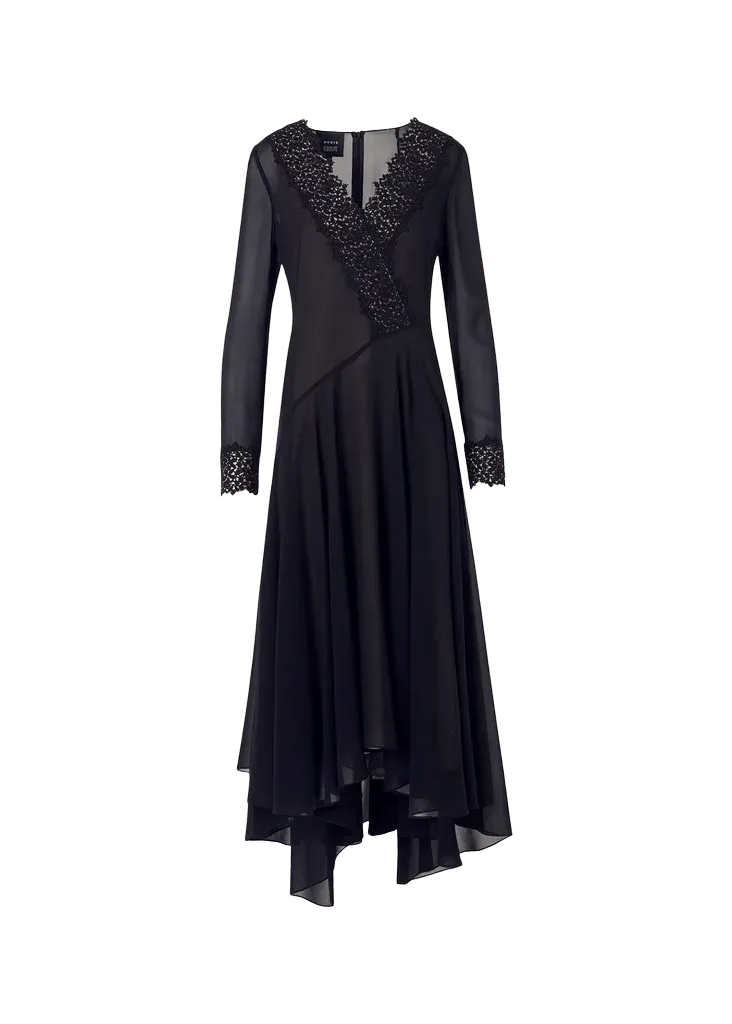 Lace V-Neck Silk Georgette Asymmetric Midi Dress