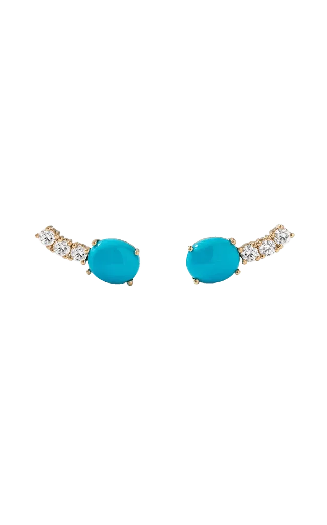 14k Yellow Gold Turquoise Diamond Ear Climbers