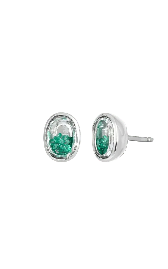 18k White Gold Neue Oval Stud Earrings Emerald