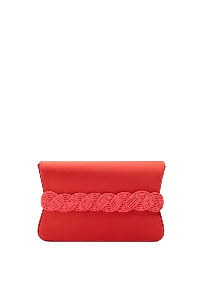Red fire satin clutch with braided passementerie