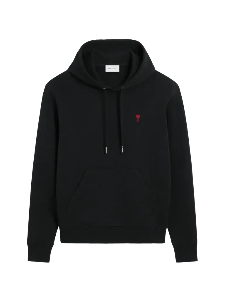 AMI Paris black cotton hoodie in loopback fleece with Ami De Coeur