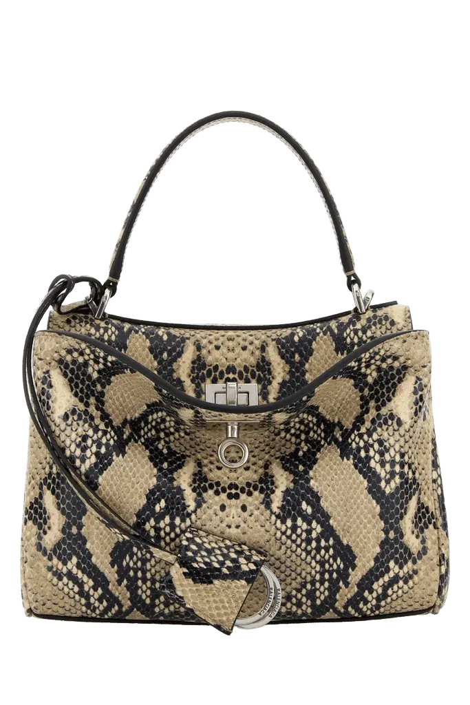 Balenciaga Python-Print Leather Shoulder Bag — Beige