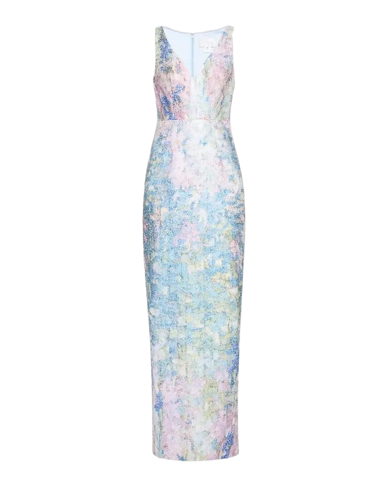 Sleeveless Printed Sequin Column Gown