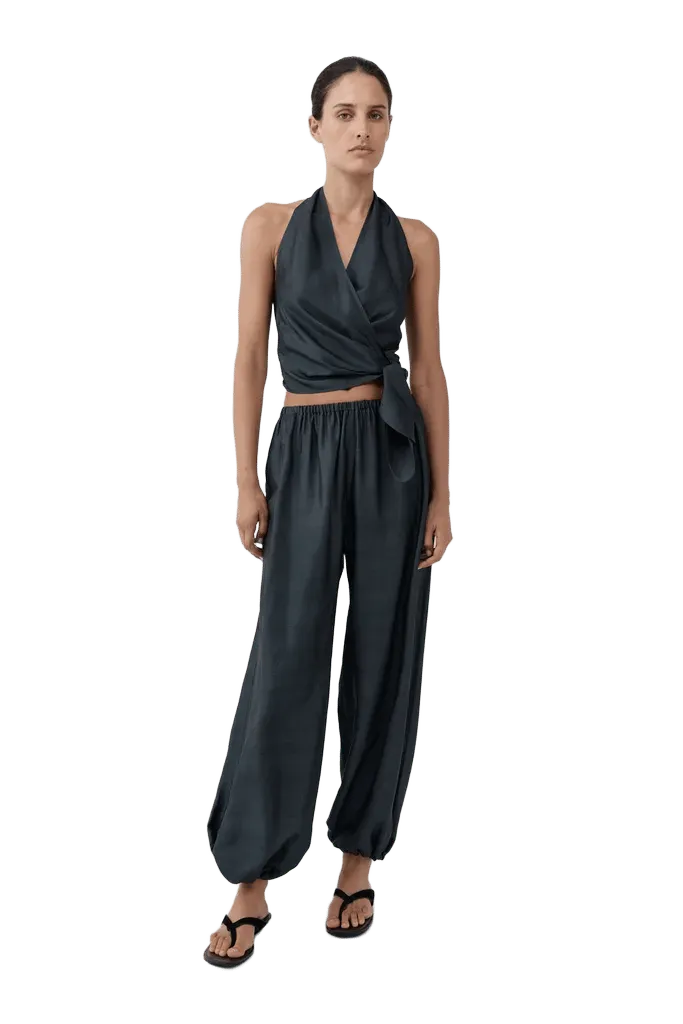 Silk Halter Wrap Top - Washed Black