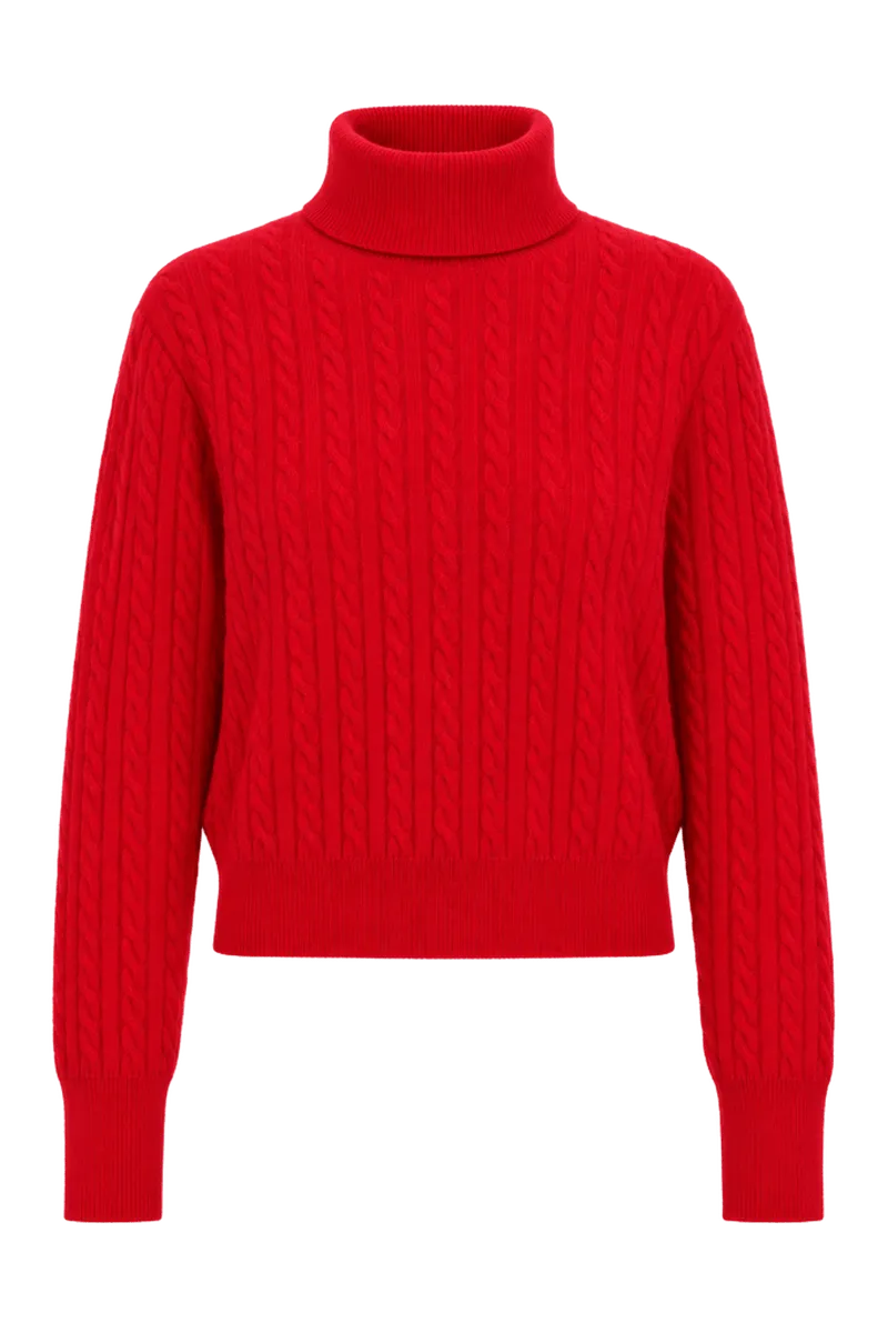 Apple Red Cropped Cable Cashmere Clara Turtleneck