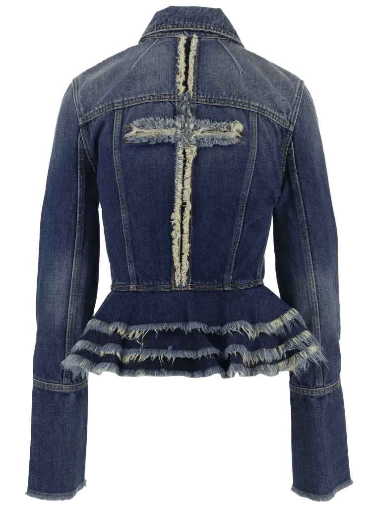 MatièRes FéCales Fringed Peplum Cotton Denim Jacket — Blue