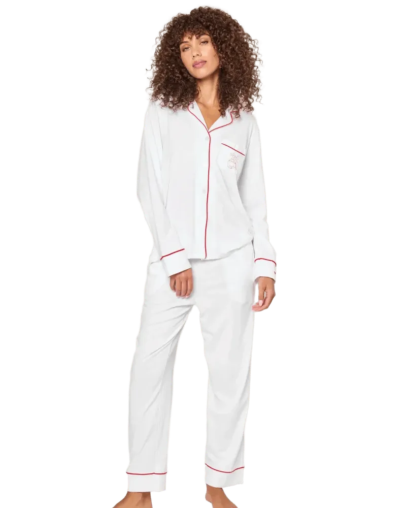 Petite Plume x Eden Rock Women's Pima Pajama Set in White With Red Piping