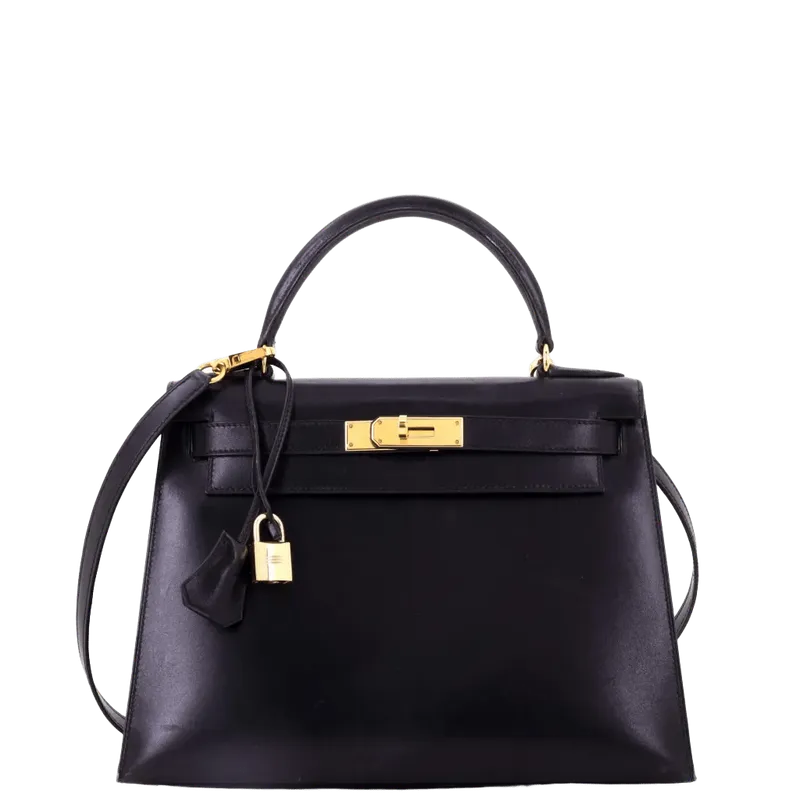 Kelly Handbag Black Box Calf with Gold Hardware 28