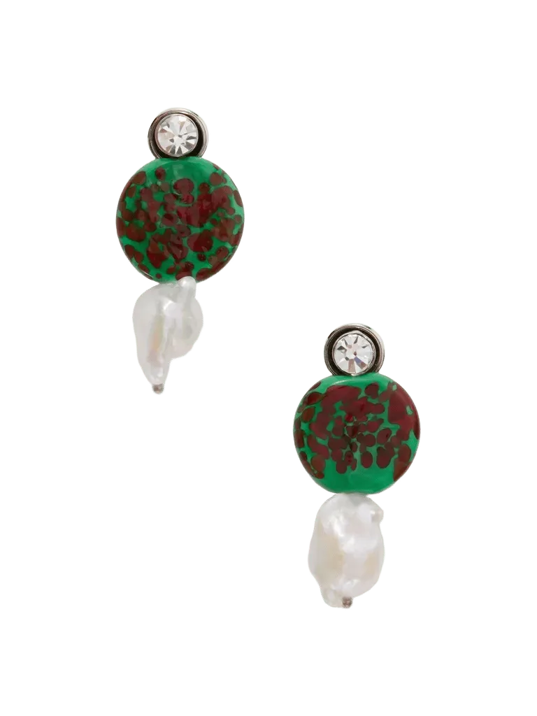 Silver-tone, glass and pearl earrings - forest green - One Size
