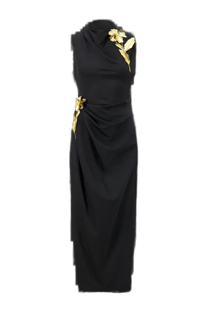 3D Metallic Embroidered Satin Jersey Column Dress in Black/Gold