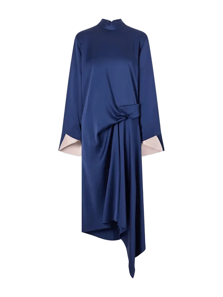 Asymmetric draped satin midi dress