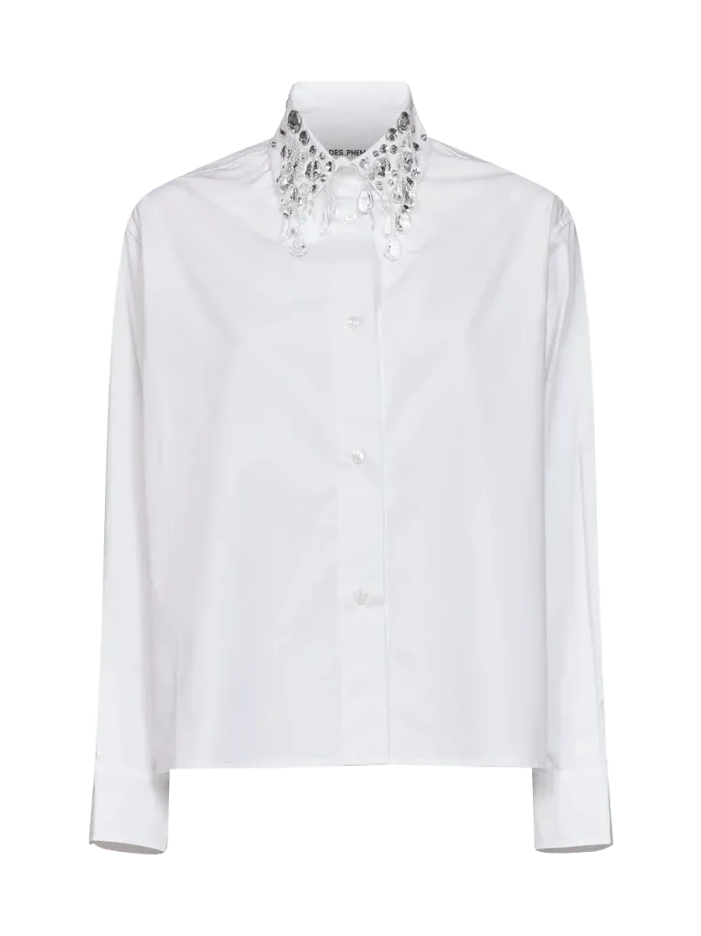 Des Phemmes Crystal-Embellished Pointed Collar Shirt — White
