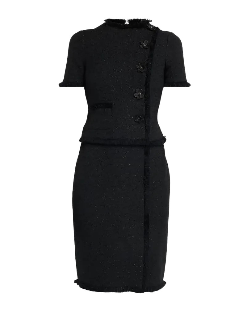 Fringed Floral Applique Tweed Dress