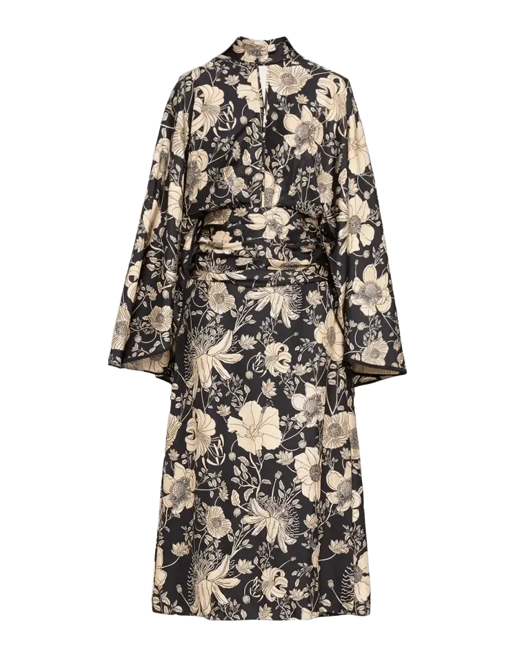 Parajes Lejanos Floral Silk Crepe De Chine Cape Midi Dress