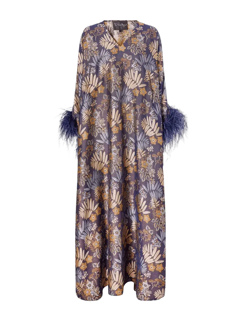 Feather-trimmed floral-jacquard crepe gown