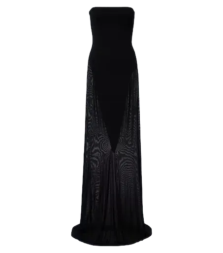 Strapless jersey and mesh maxi dress