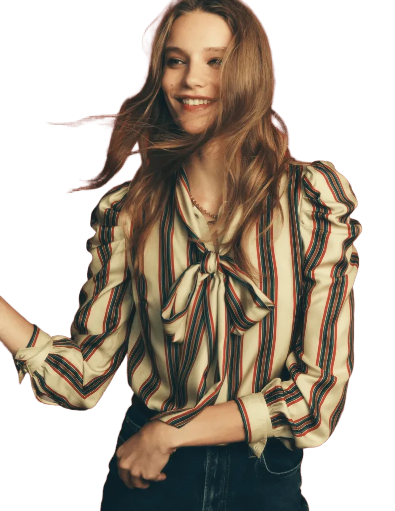 Clara Silk Blend Tie Neck Top-Collegic Stripe