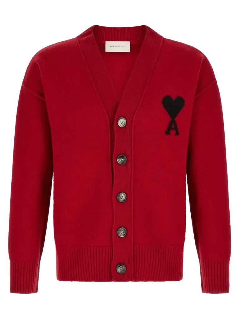 AMI Paris Wool Logo-Embroidered Cardigan — Red