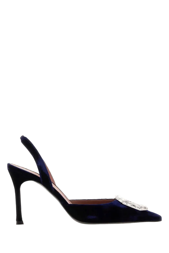 Amina Muaddi Cameliasling Heel — Navy