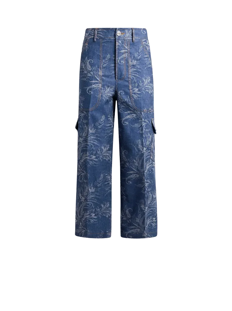 CROPPED COTTON AND LINEN JACQUARD DENIM JEANS WITH LEAFY PAISLEY MOTIF