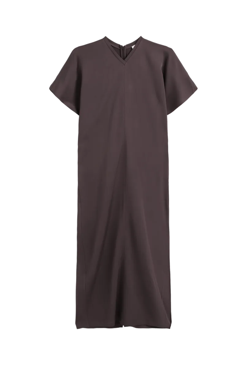 DRAPED V-NECK CREPE MIDI DRESS