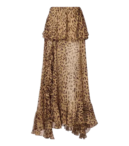Leopard-print ruffed silk maxi skirt