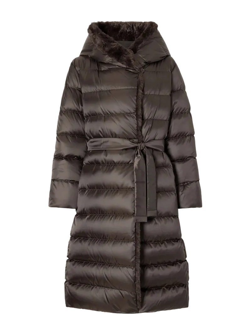 Medusa hooded belted quilted plush-trimmed shell down coat