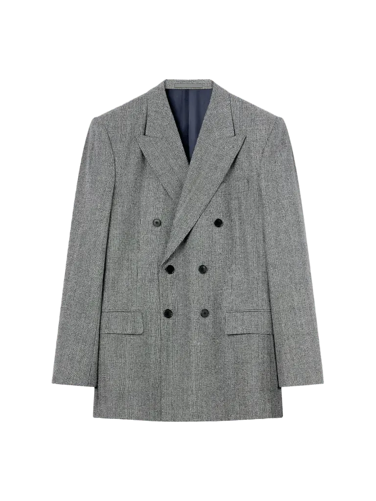 Double-Breasted Fitted Checked Jacket in Wool