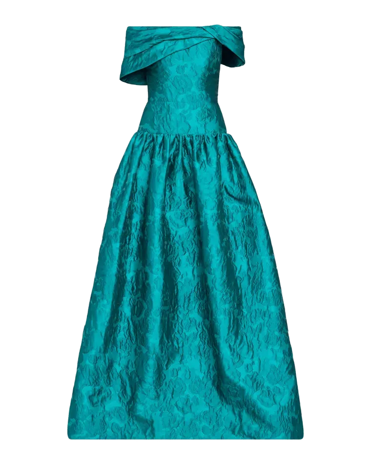 Draped Off-The-Shoulder Brocade Drop-Waist Gown