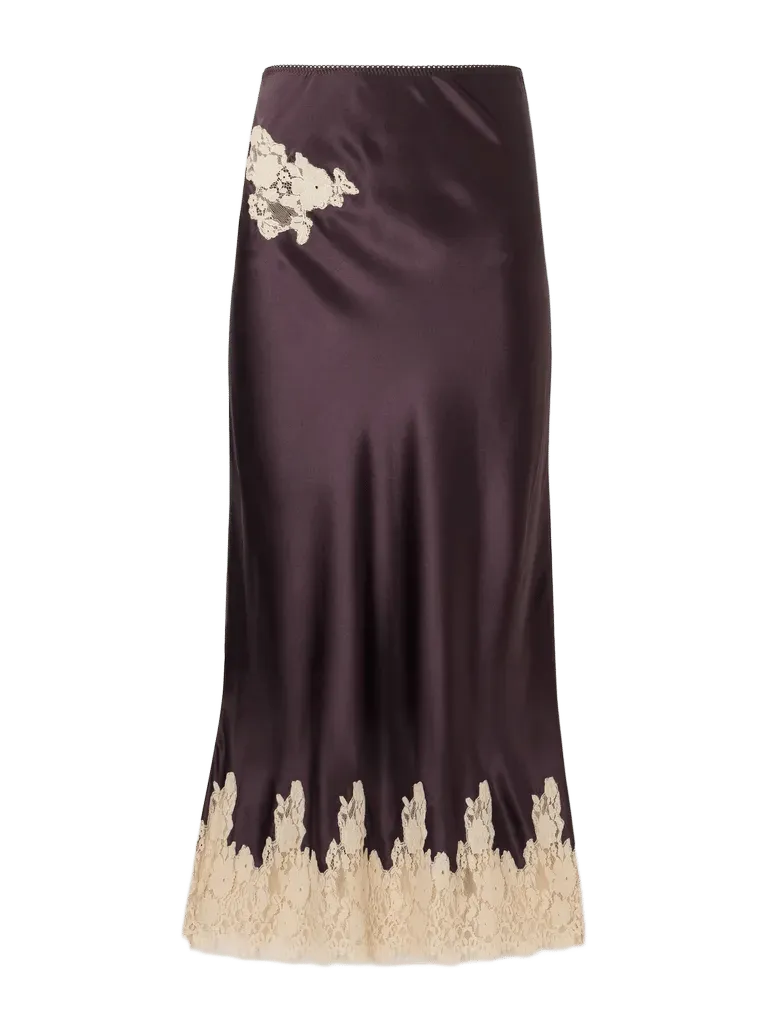 Lace-trimmed silk-satin midi skirt
