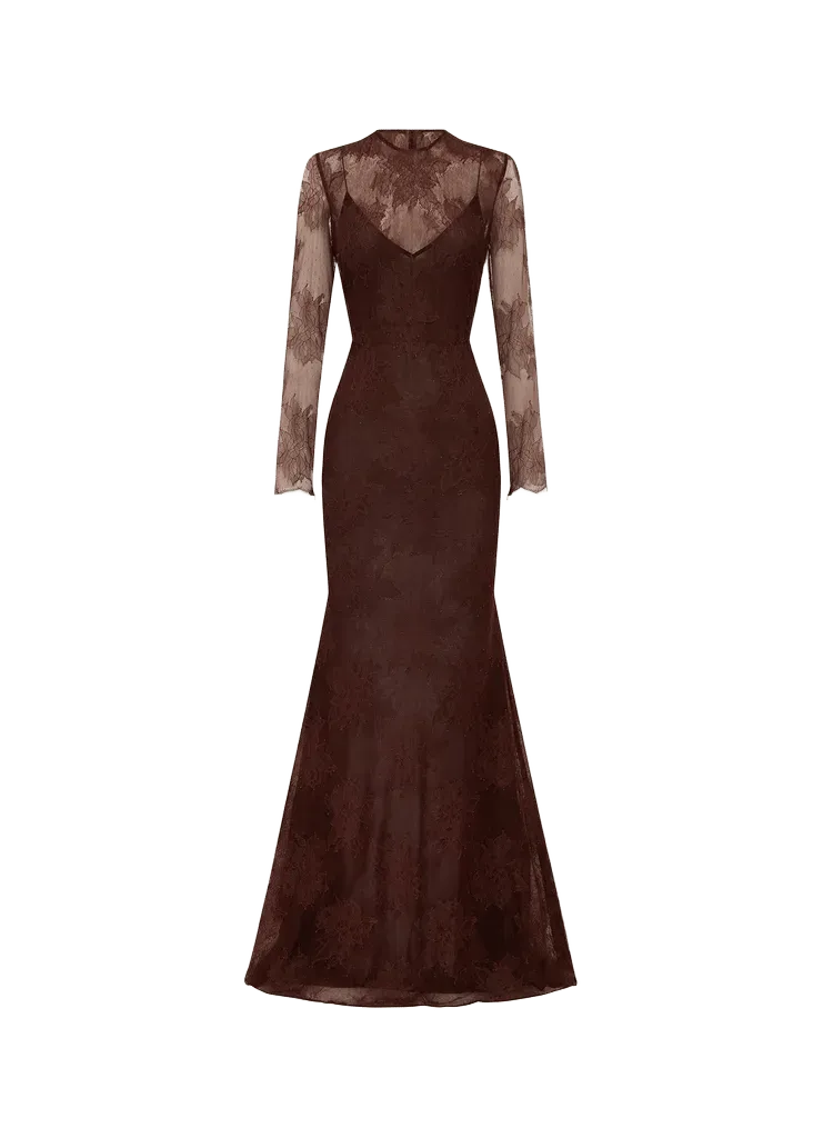 Alex Perry Sheer Lace Long-Sleeve Trumpet Gown