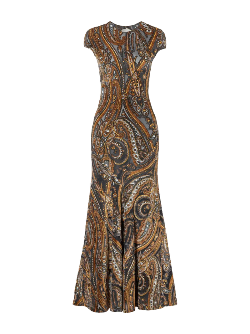 Open-back paisley devoré-velvet maxi dress