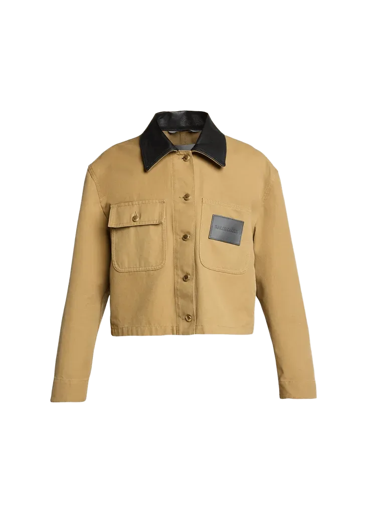 Balenciaga Leather-Collar Cropped Canvas Workwear Jacket
