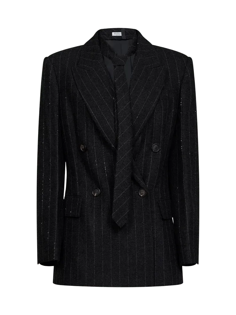 Brunello Cucinelli Wool-Blend with Embroidered Sequins Blazer — Gray